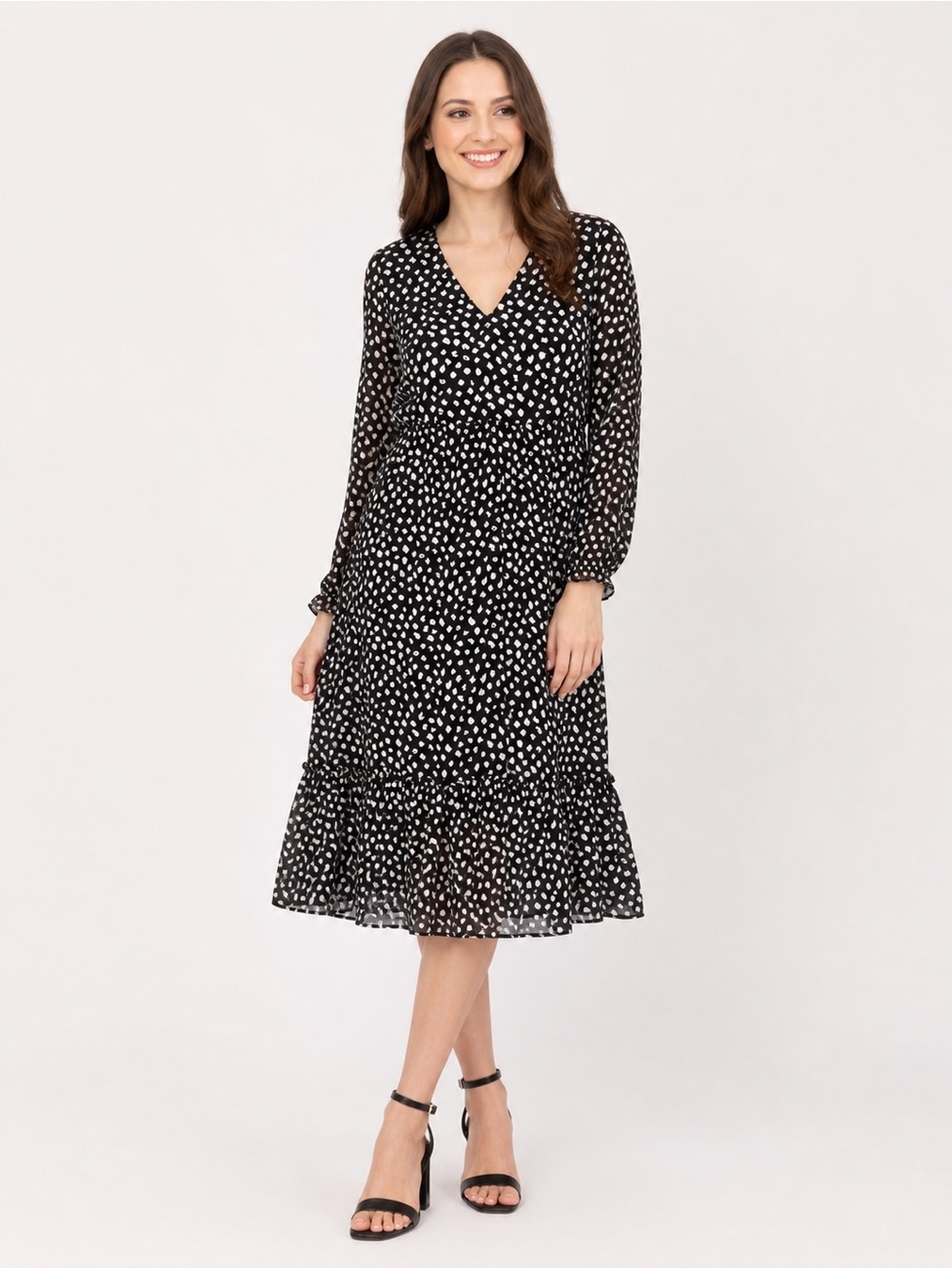 J.Crew Black & White Polka Dot Midi Dress Small Sheer Sleeve Tiered Hem